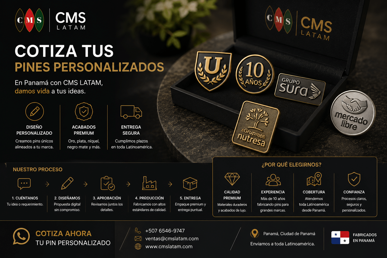 Cotizar pines personalizados en Panamá CMS Latam