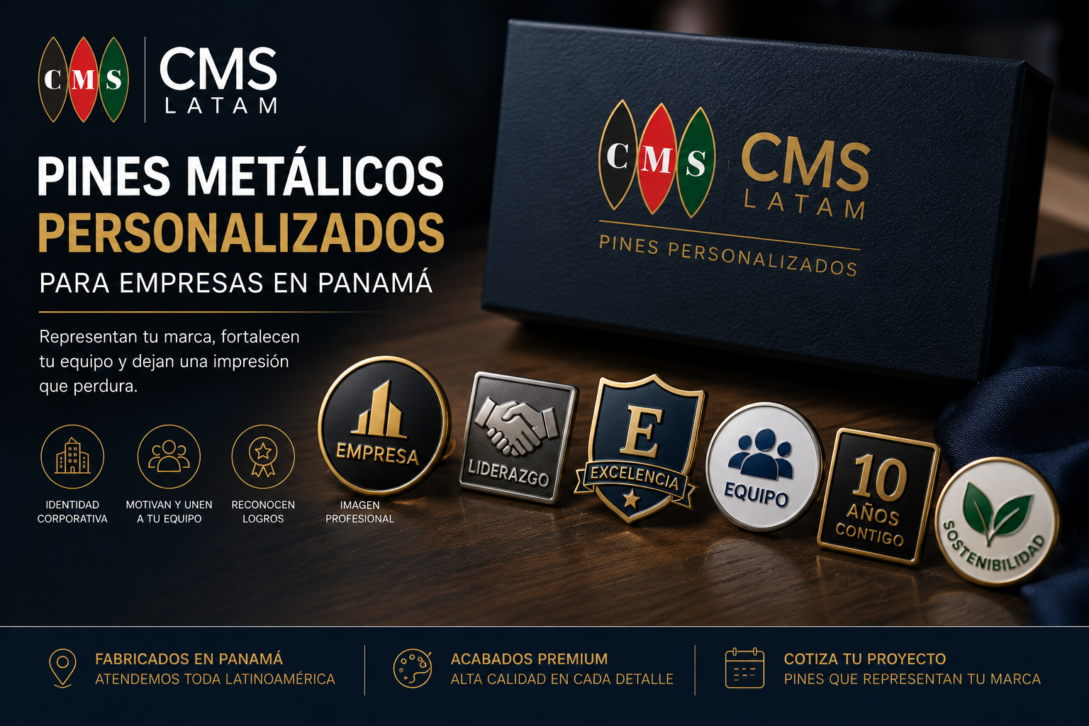 Pines metálicos personalizados para empresas en Panamá