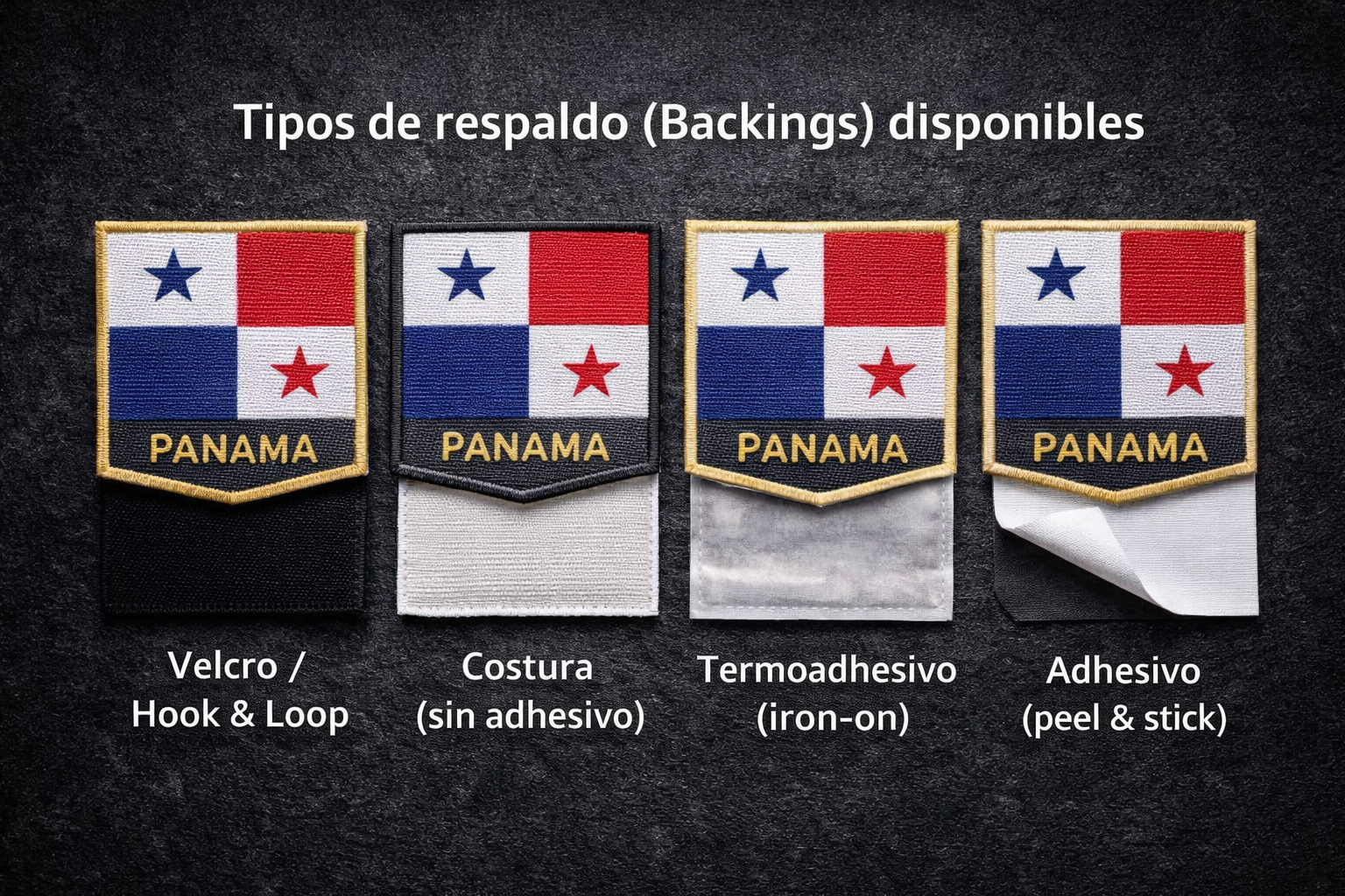 Tipos de respaldo para parches PVC: velcro, costura, termoadhesivo y adhesivo