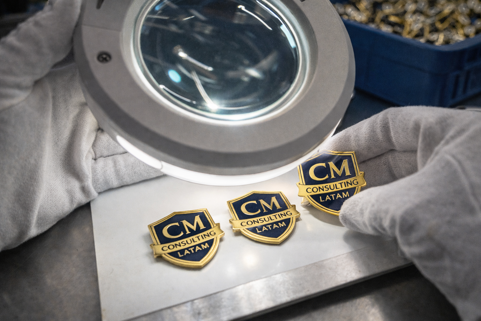 Control de calidad en pines corporativos premium revisando esmalte y galvanizado