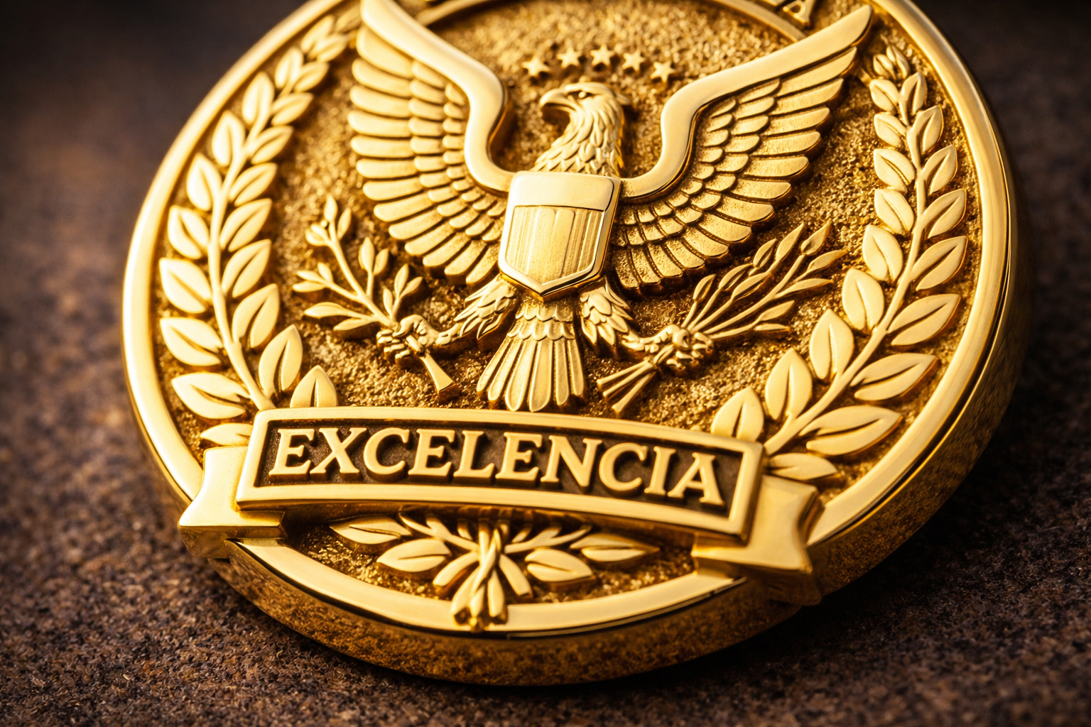 Detalle macro de pin metálico premium con acabado dorado brillante