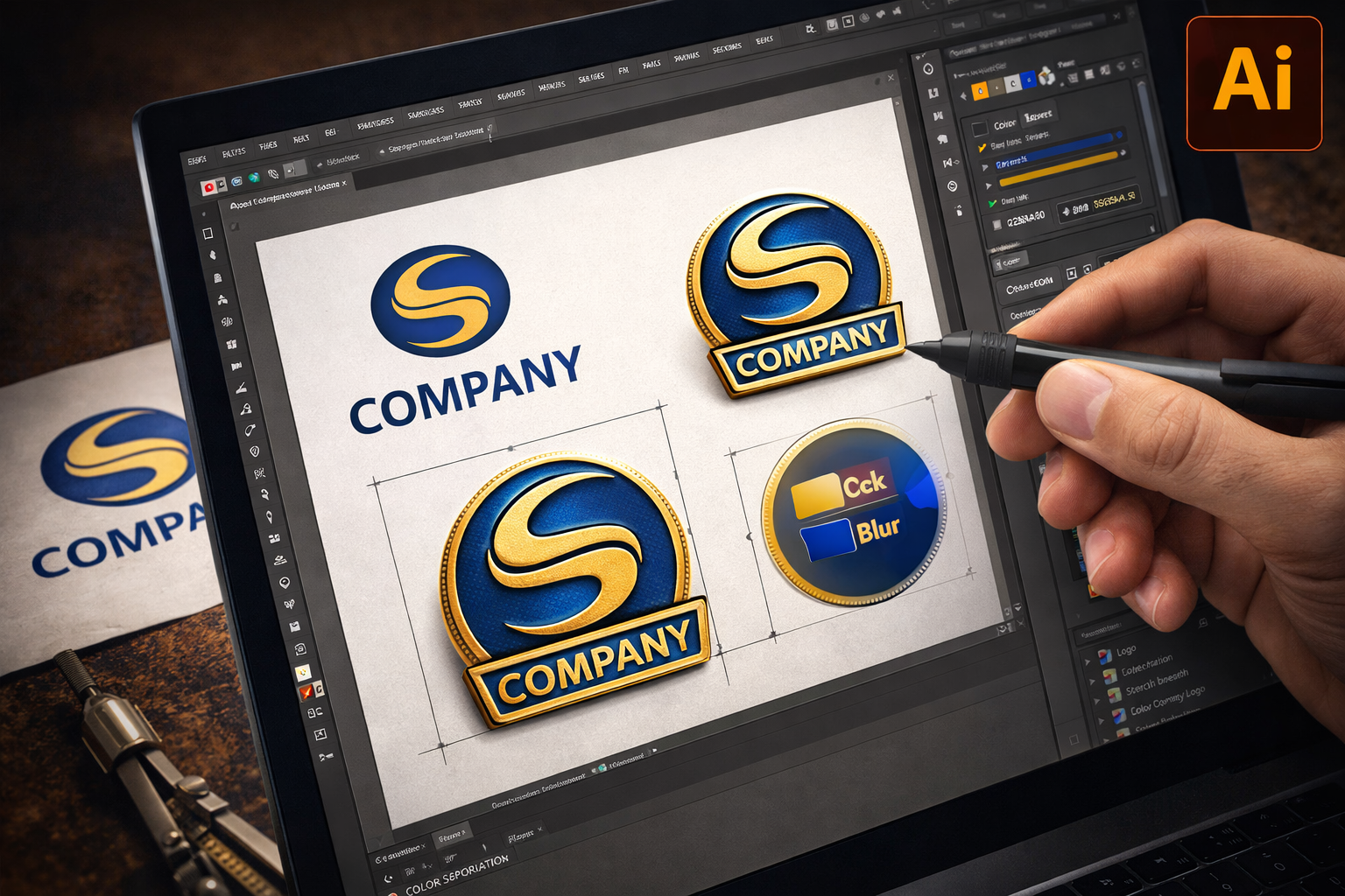 diseñar pines corporativos adaptando logo empresarial en computadora y software de diseño