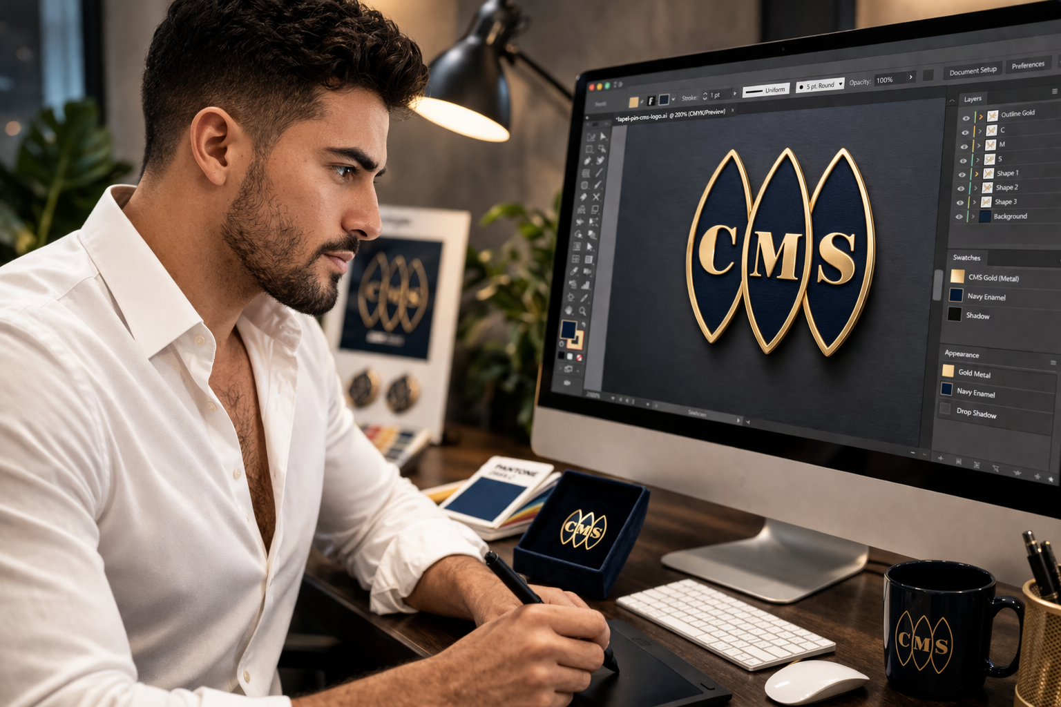 Diseño de programa de reconocimiento corporativo con pines y branding de empresa en computadora