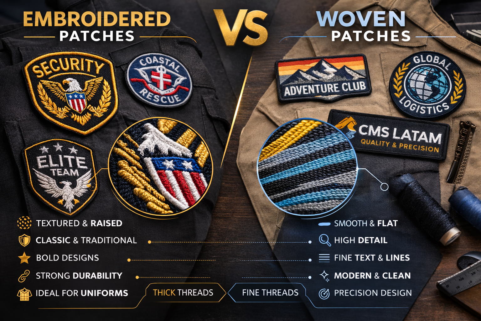 comparacion visual parches bordados vs tejidos