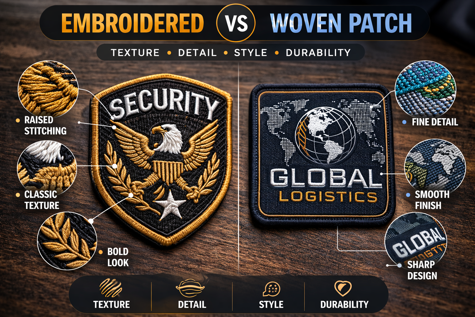 diferencia entre parches bordados y tejidos infografia