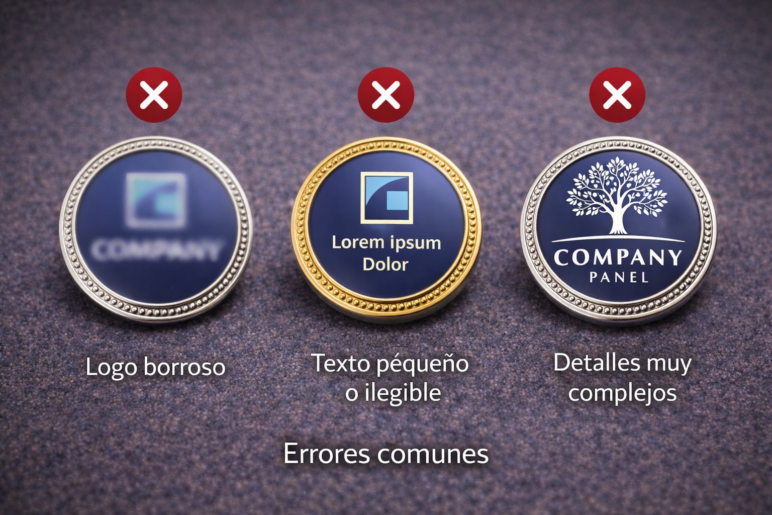 errores al diseñar pines corporativos personalizados ejemplos de mala legibilidad y exceso de detalle