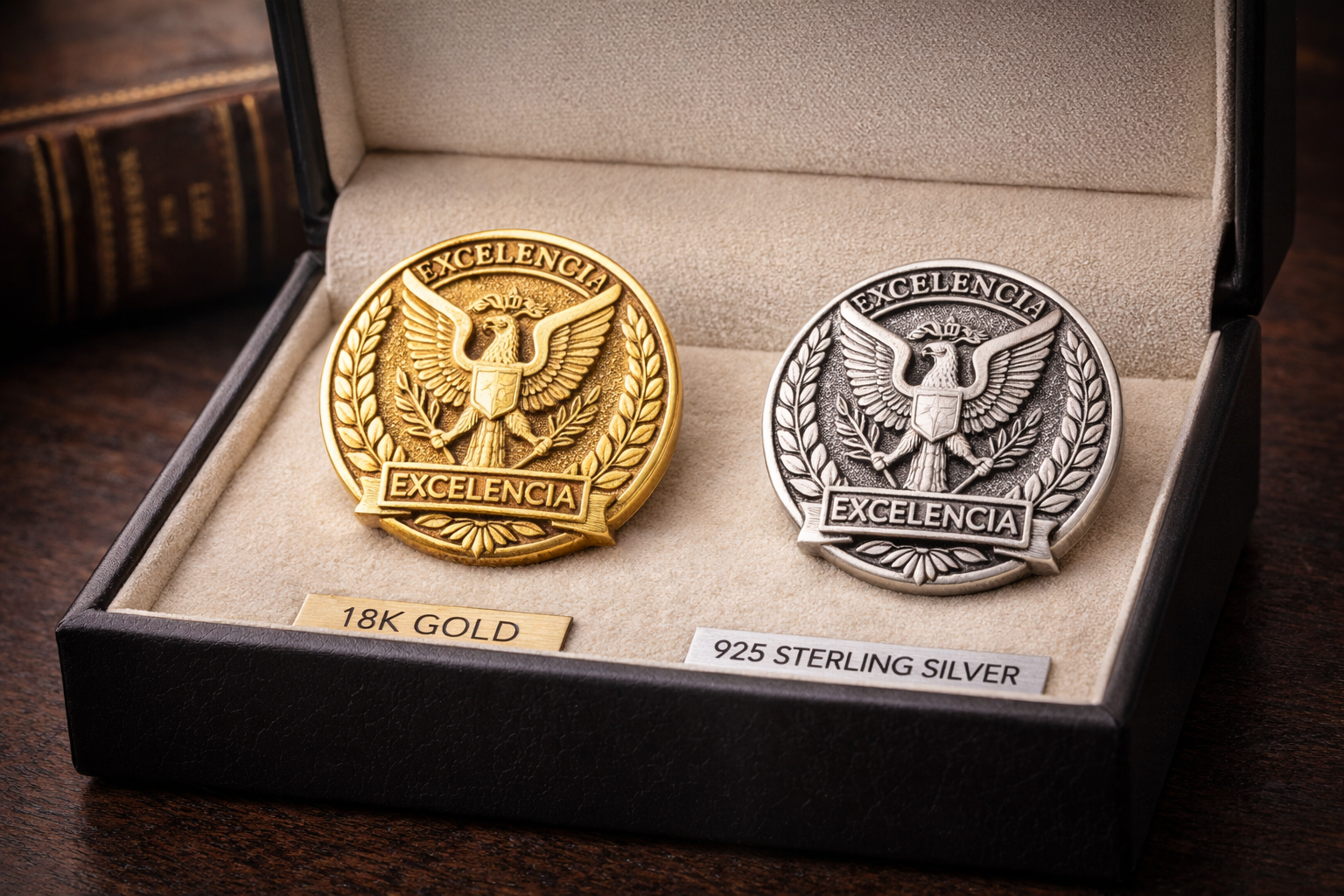 Pin corporativo presentado en estuche de lujo para reconocimiento institucional