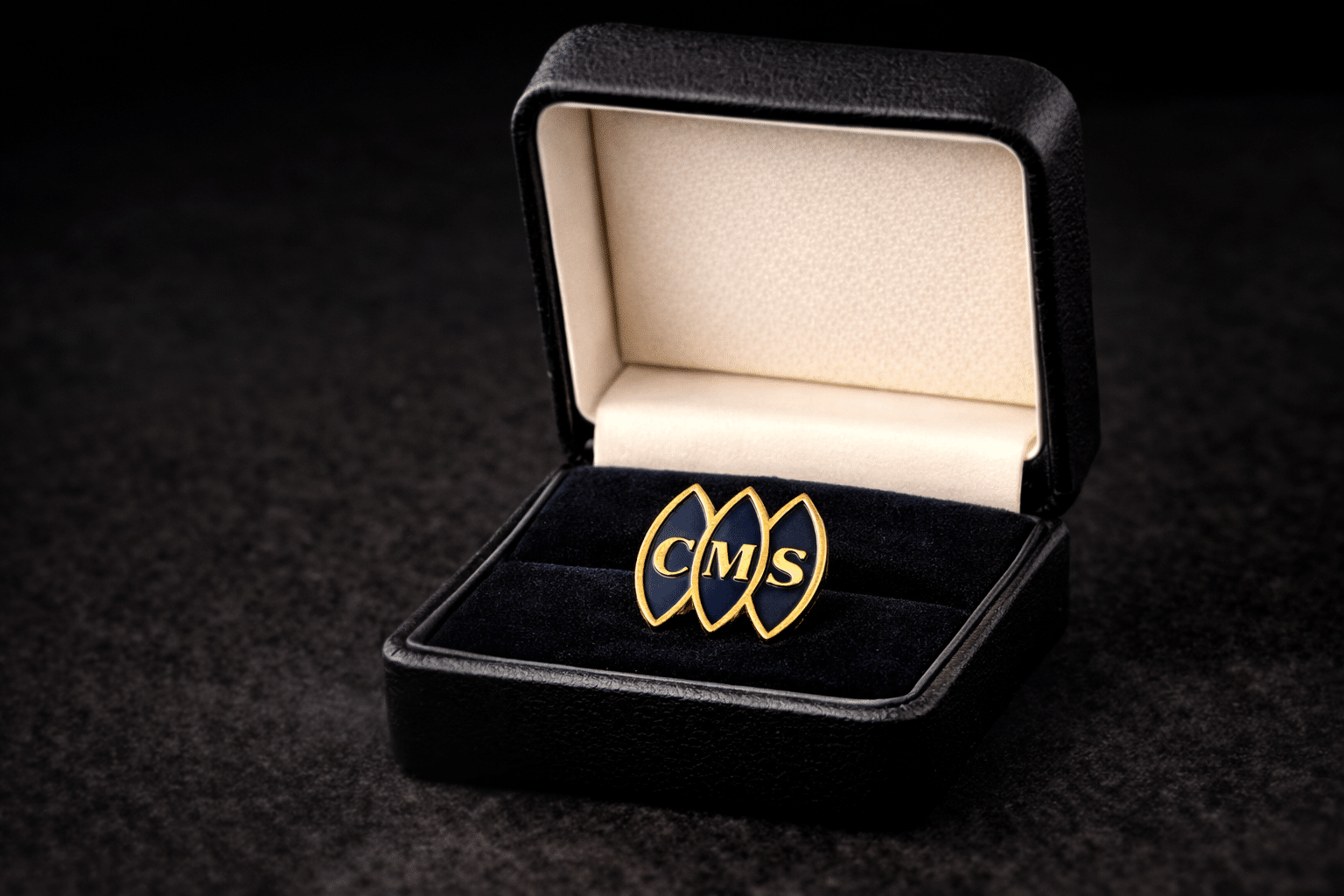 Estuche premium para programa de reconocimiento corporativo con pines sobre fondo negro