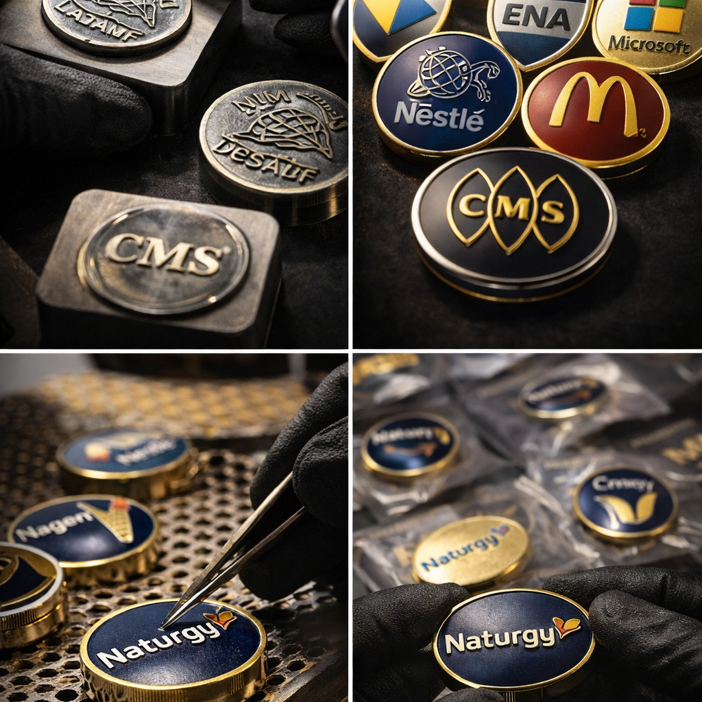 Proceso de fabricación de lapel pins corporativos premium por CMS Latam