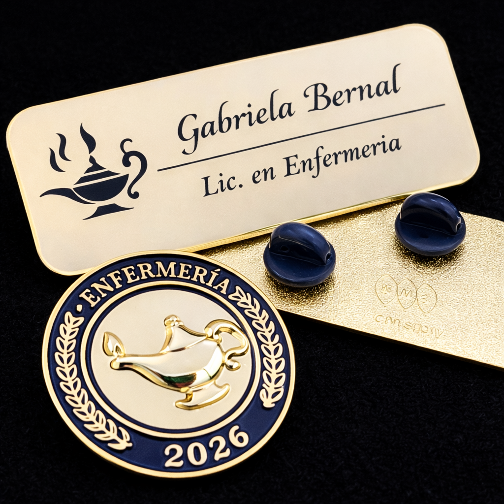 Pines de graduación en Panamá con gafete personalizado y pin institucional