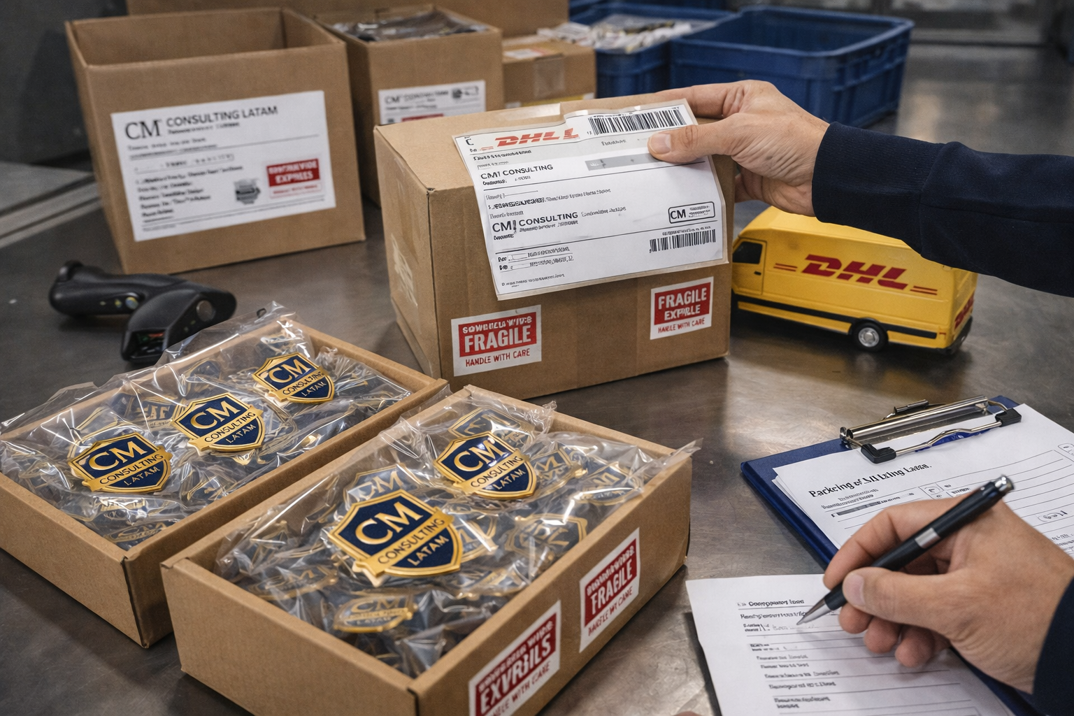 Logística internacional y preparación de entrega de pines personalizados