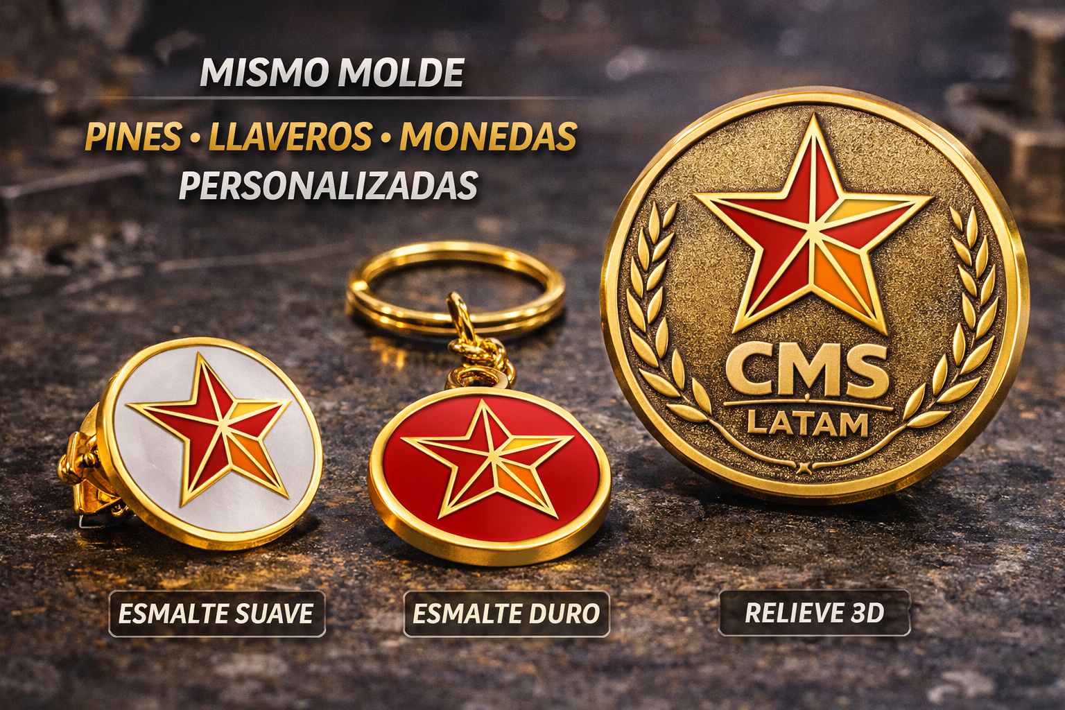 mismo molde pines llaveros monedas personalizadas CMS Latam