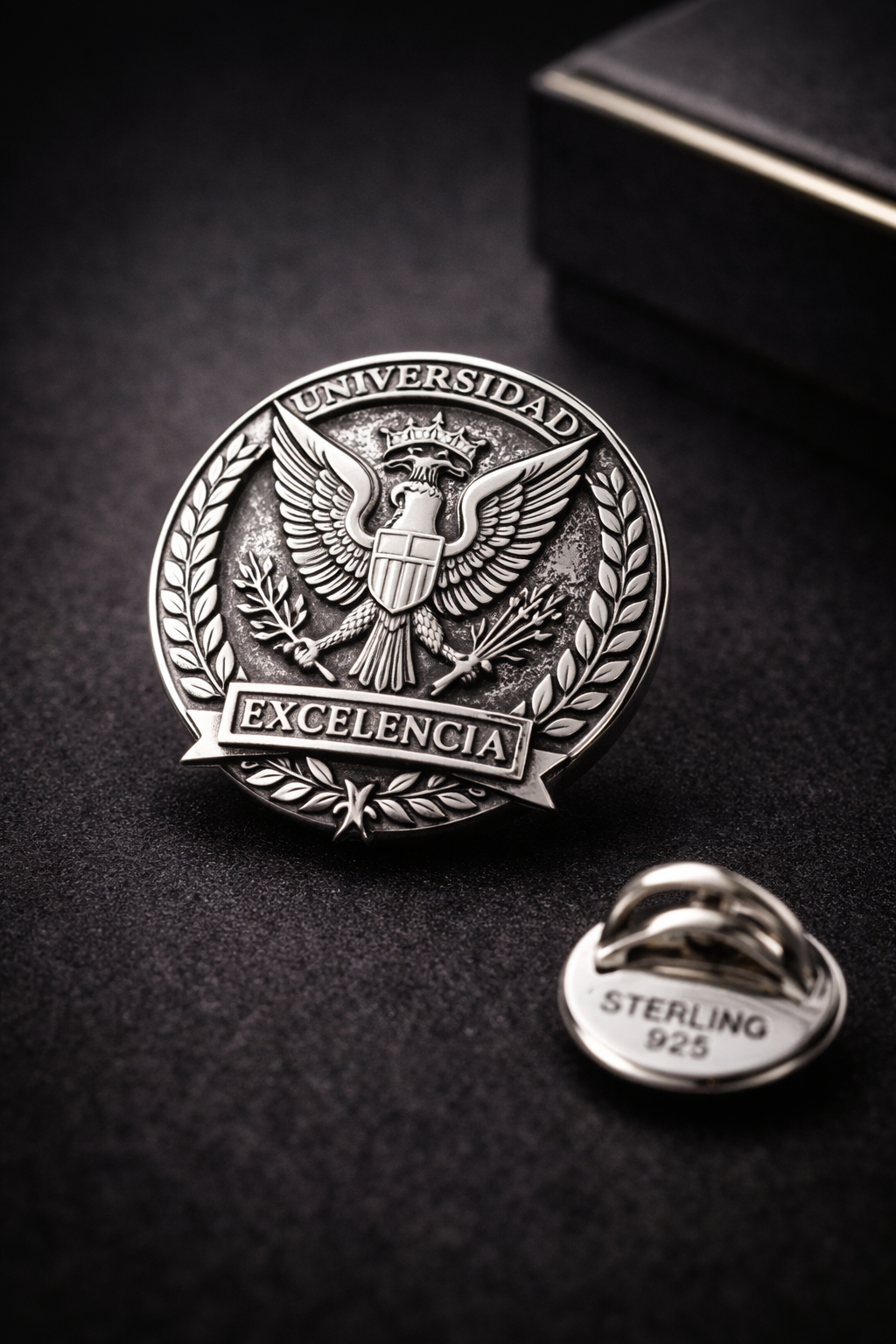 Pin personalizado fabricado en plata esterlina 925 con acabado premium institucional