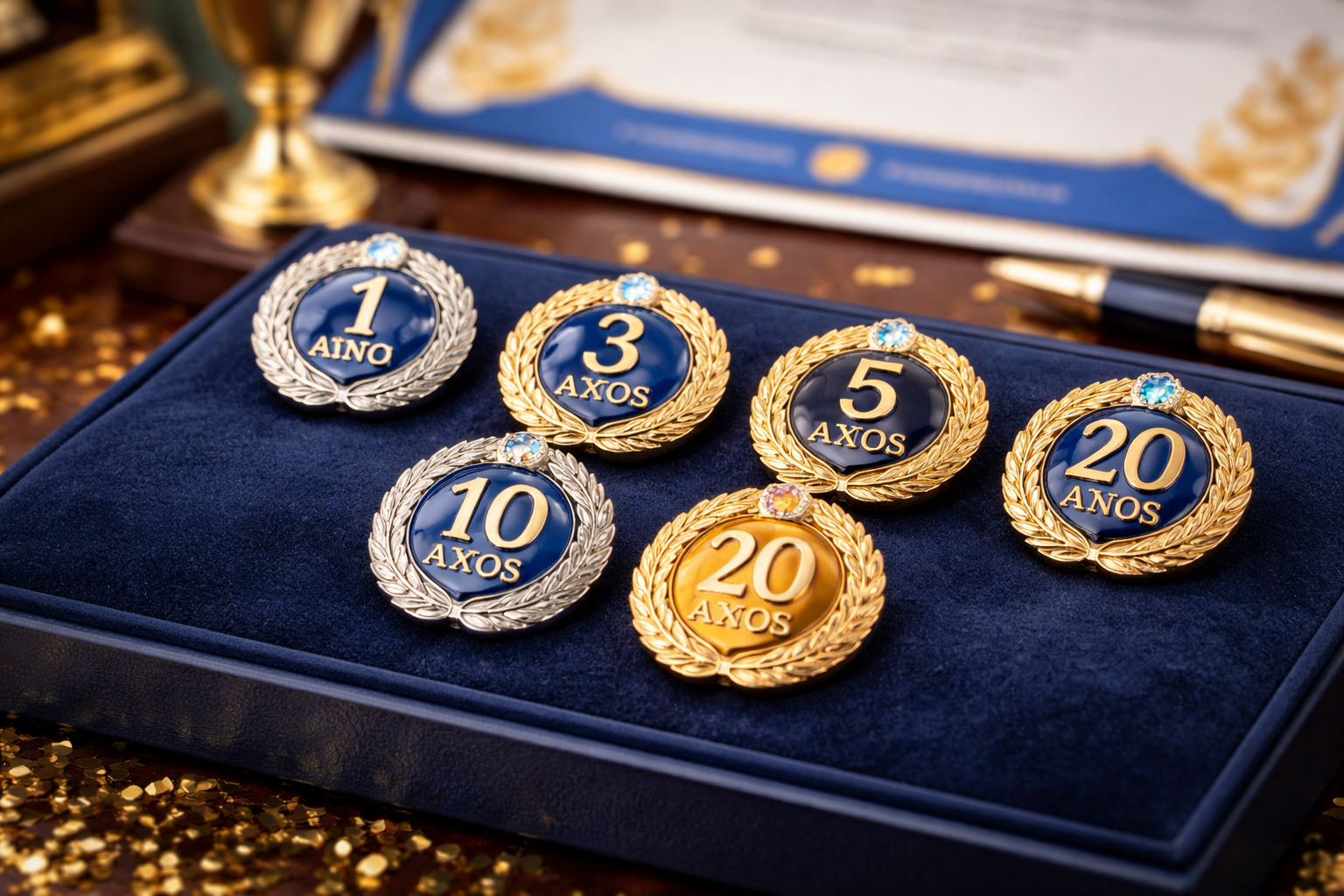 Programa de reconocimiento corporativo con pines de años de servicio en niveles premium