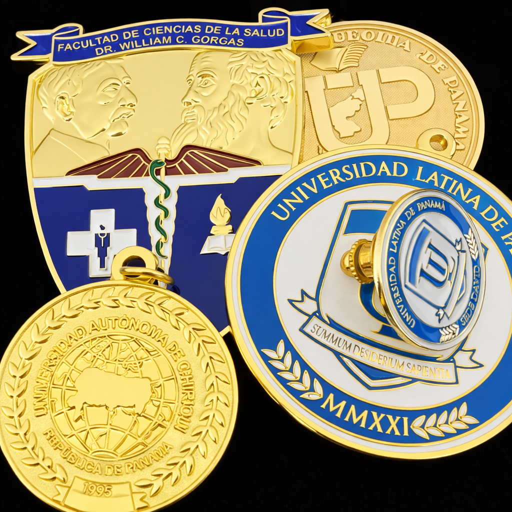 Pines de graduación en Panamá con medallas y productos universitarios premium