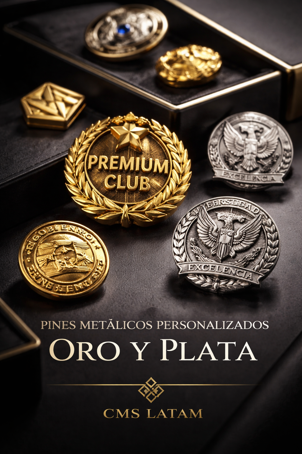 pines de oro y plata personalizados fabricados por CMS Latam