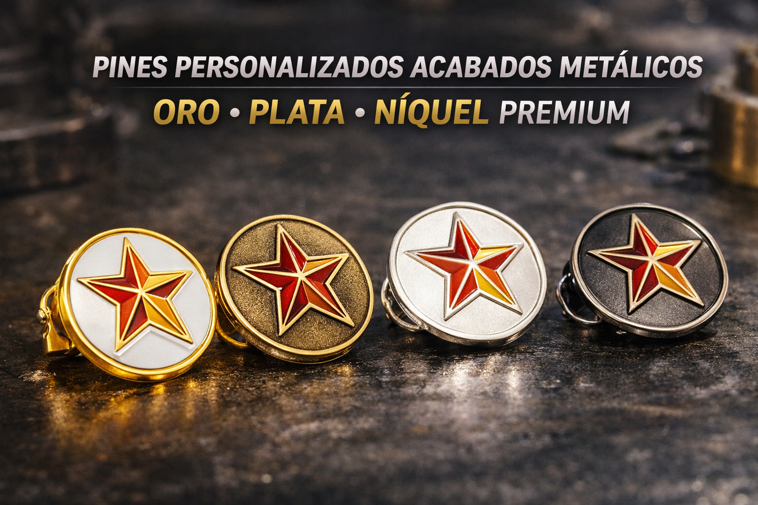 pines personalizados acabados metálicos oro plata níquel premium
