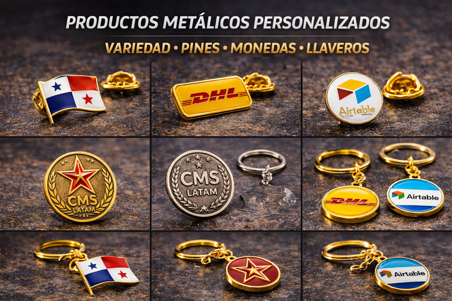 productos metálicos personalizados variedad pines monedas llaveros