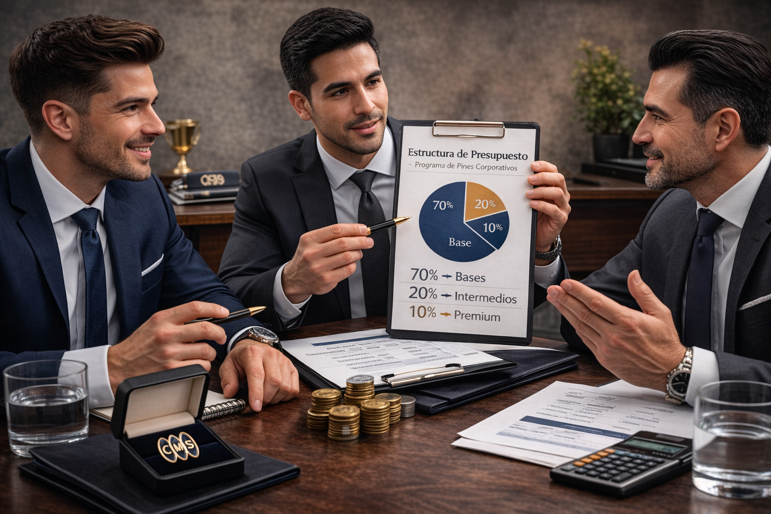 Programa de reconocimiento corporativo con estructura de presupuesto para pines en reunión ejecutiva