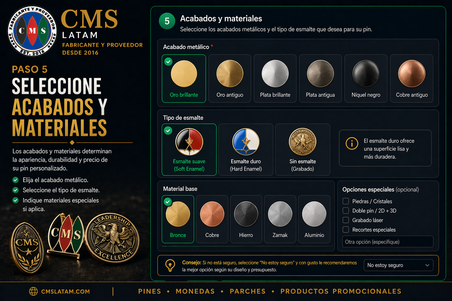 Acabados en el Formulario de Cotización de CMS Latam para pines corporativos