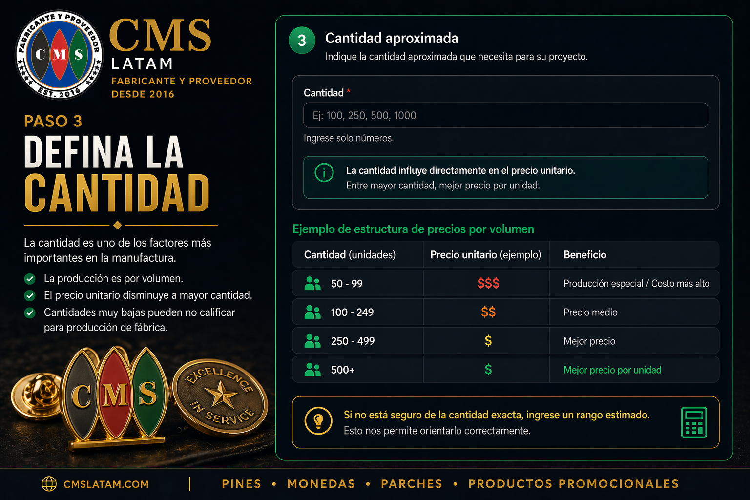 Cantidad para el Formulario de Cotización de CMS Latam en proyectos de pines corporativos