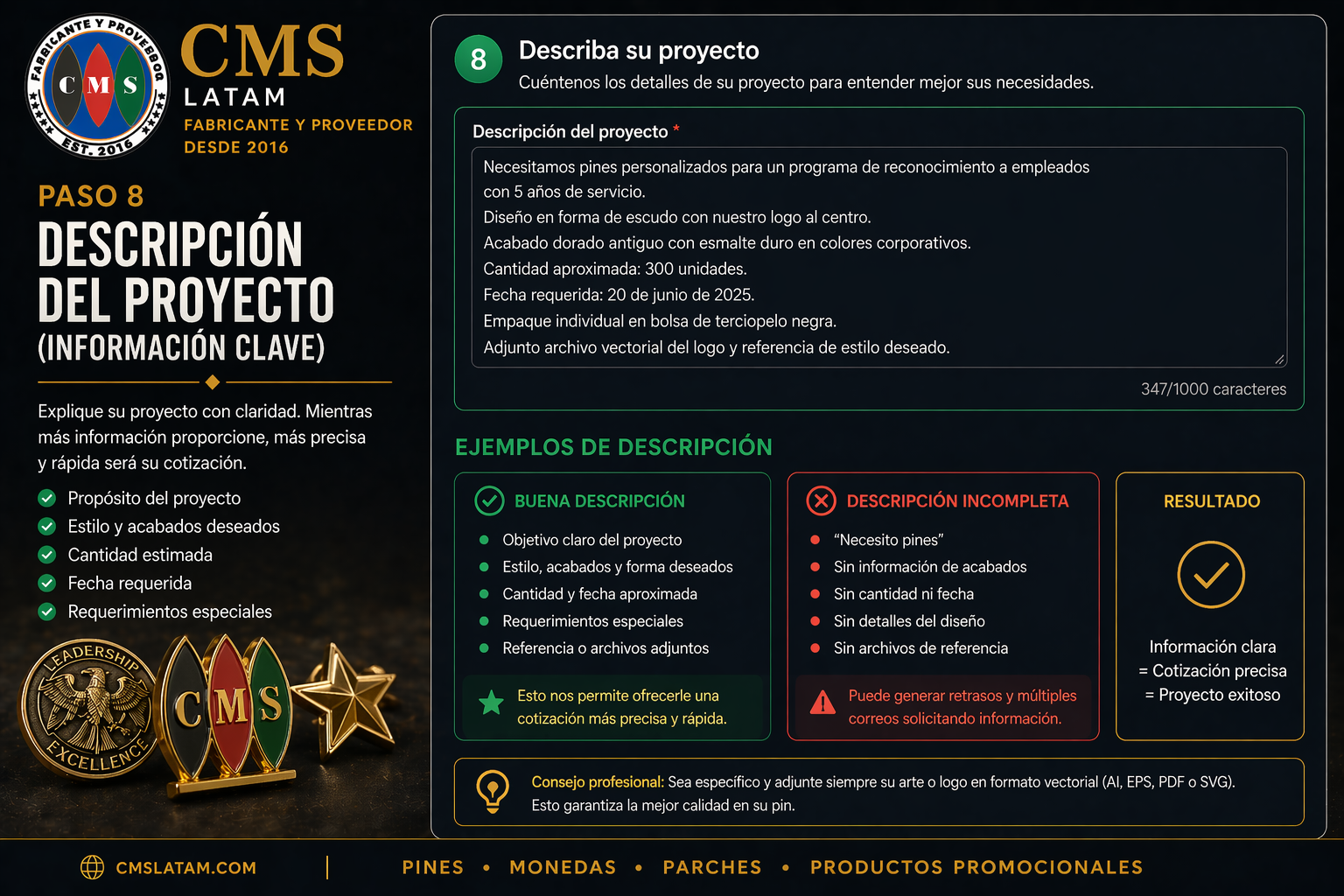 Descripción del proyecto dentro del Formulario de Cotización de CMS Latam