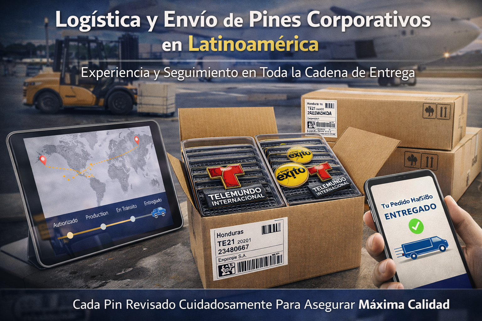 Logística y envío de pines corporativos en Latinoamérica