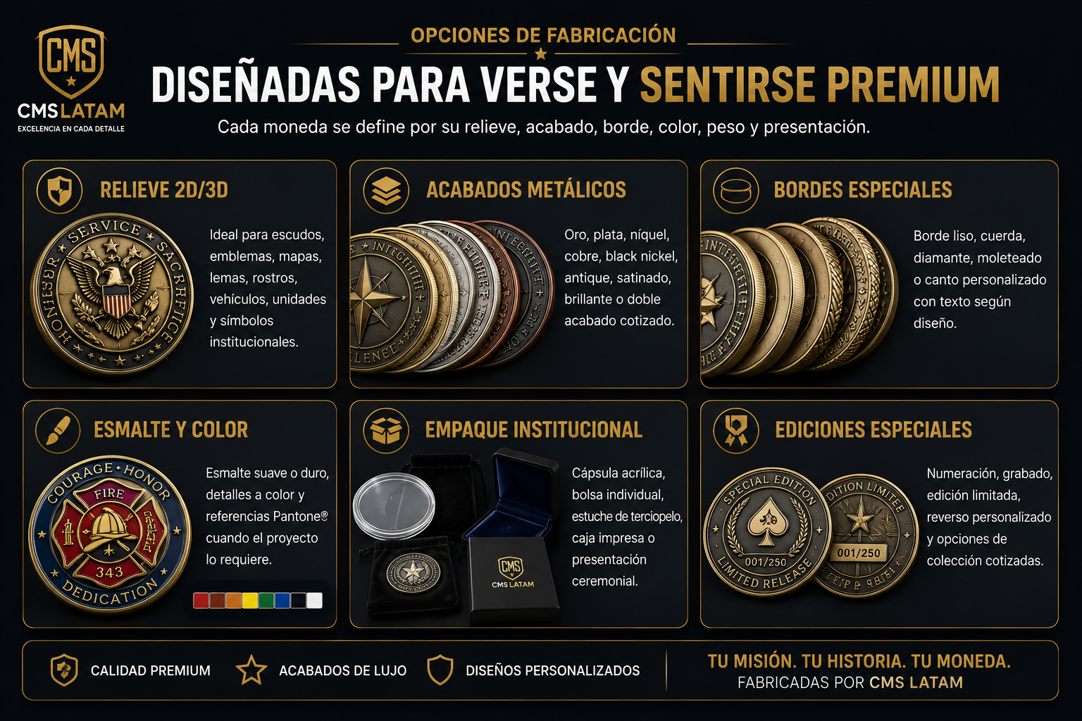 Opciones de fabricación de challenge coins con relieve, esmalte y acabados metálicos