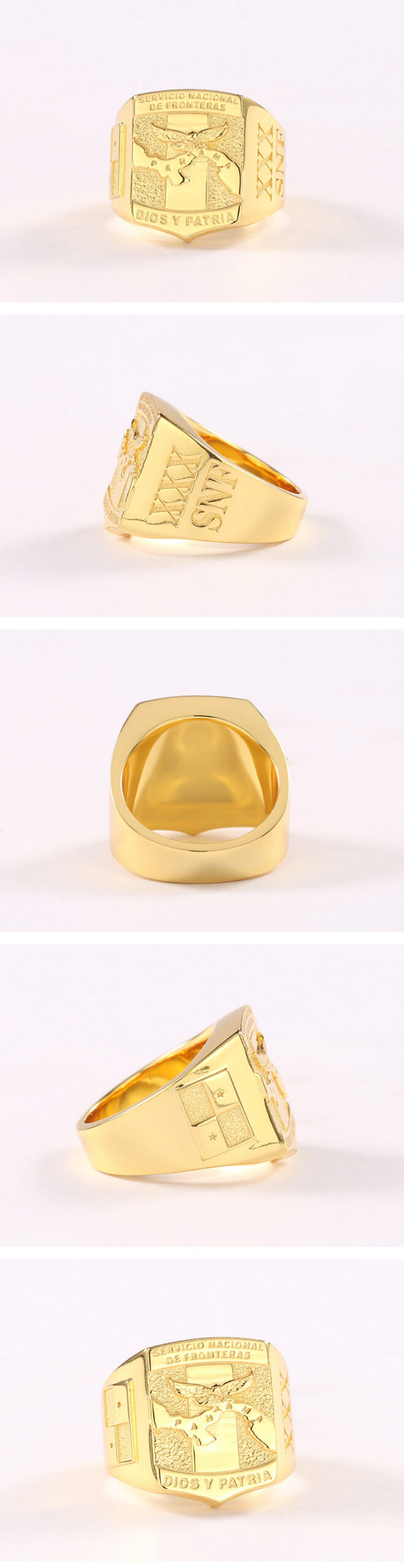 Anillos corporativos personalizados vistos desde múltiples ángulos