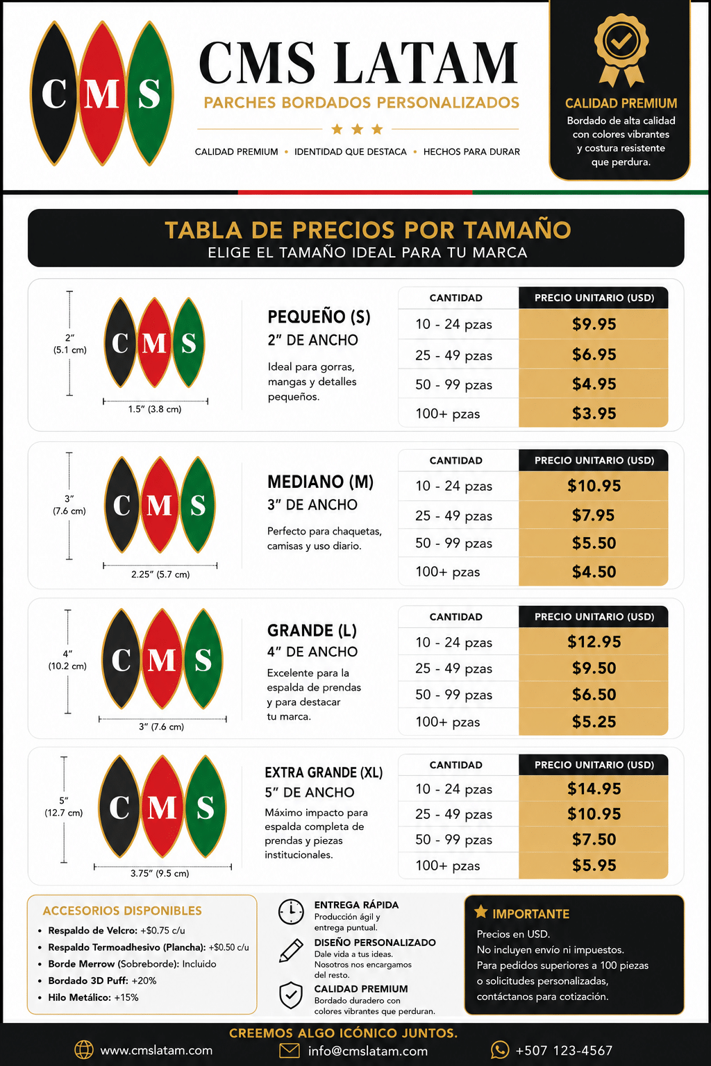 Guía visual de precios para parches bordados personalizados CMS Latam