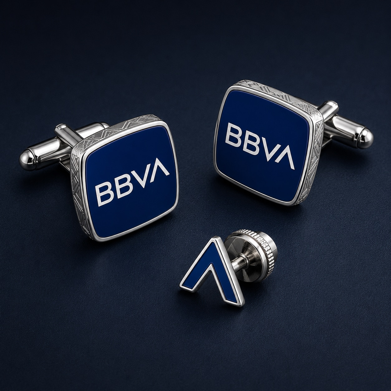 Mancuernillas y pin de corbata corporativos personalizados para BBVA