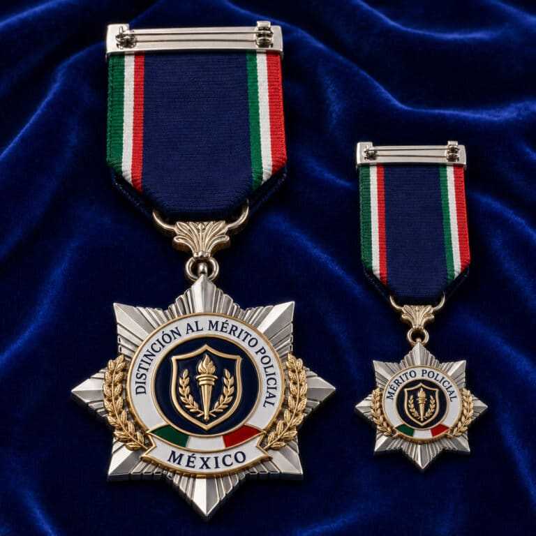 Medalla mexicana y su miniatura con cintas tricolores sobre fondo azul.