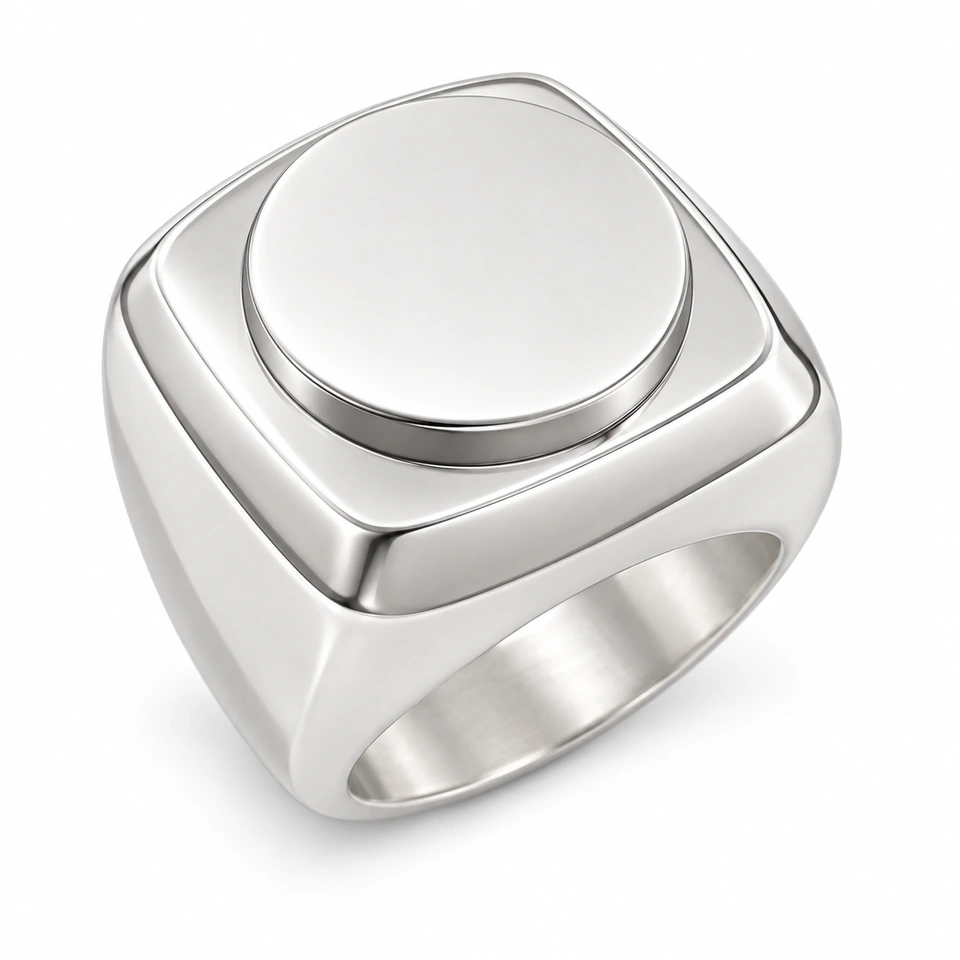 Anillo CMS-AN-1028, cabeza cuadrada redondeada con centro circular de metal liso, sin piedras, sobre fondo blanco.