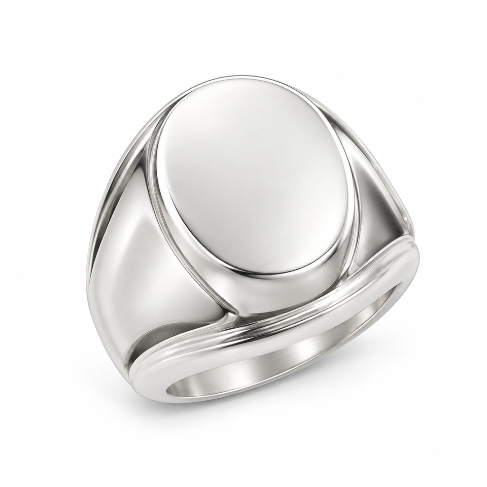 Anillo CMS-AN-1052, cabeza ovalada amplia abombada de metal liso, sin piedras, sobre fondo blanco.