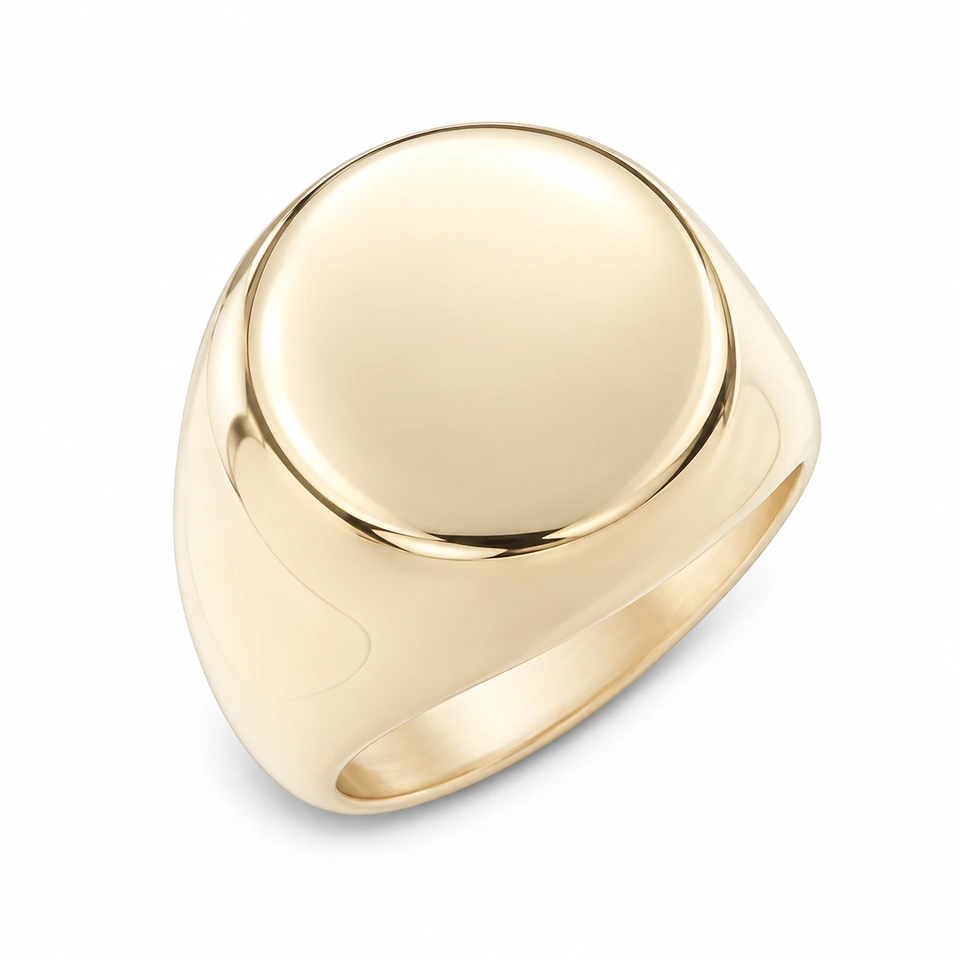 Anillo CMS-AN-1054, cabeza circular amplia abombada de metal liso, sin piedras, sobre fondo blanco.