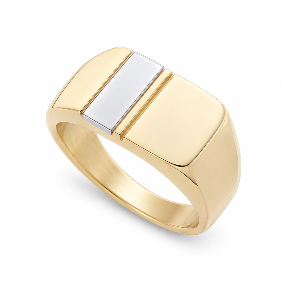 Anillo CMS-AN-1109 de apariencia bicolor, cabeza rectangular curvada de metal liso, sin piedras, sobre fondo blanco.