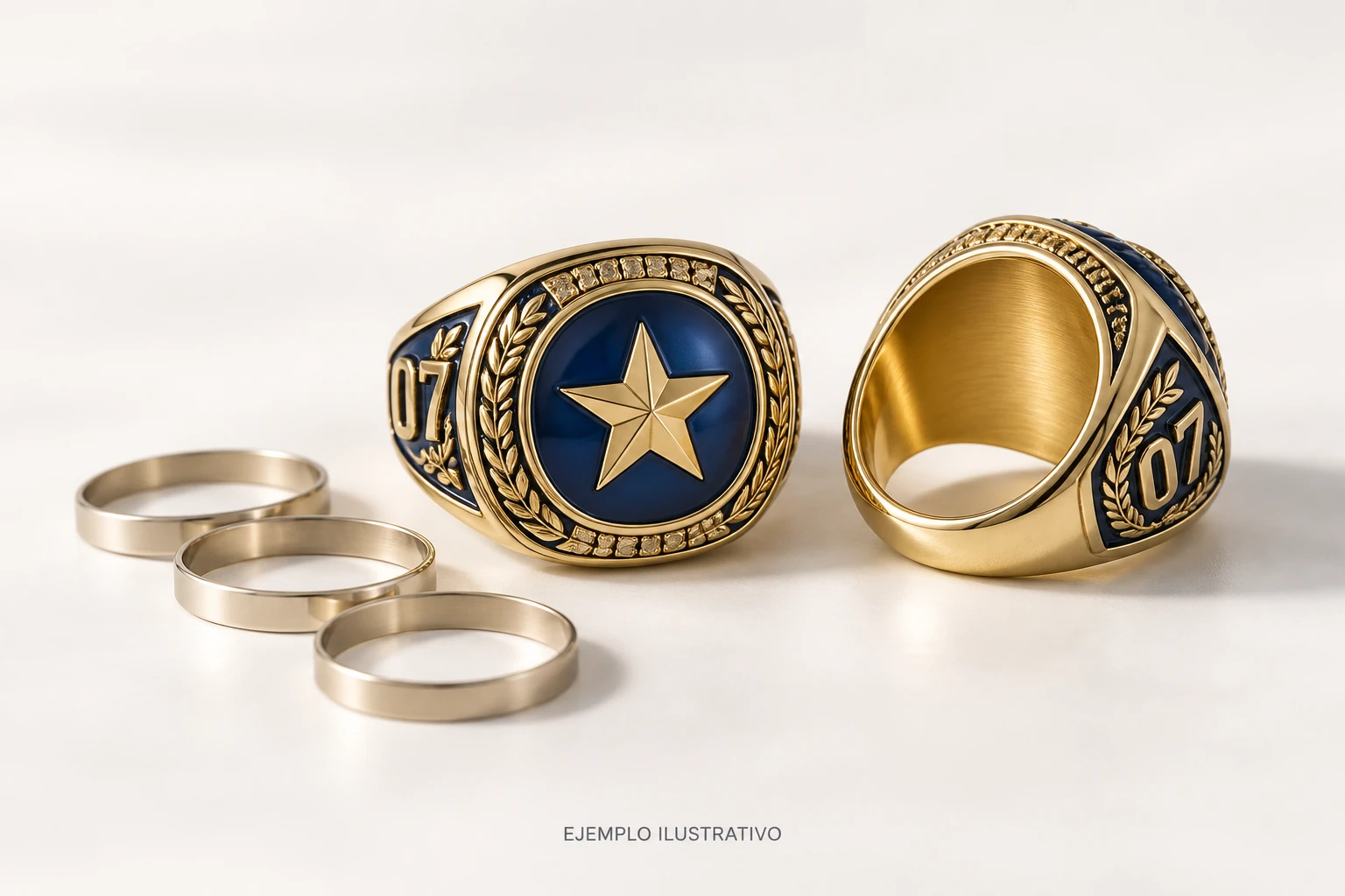 Concepto de dos anillos de campeonato dorados y azules junto a aros de referencia de talla.