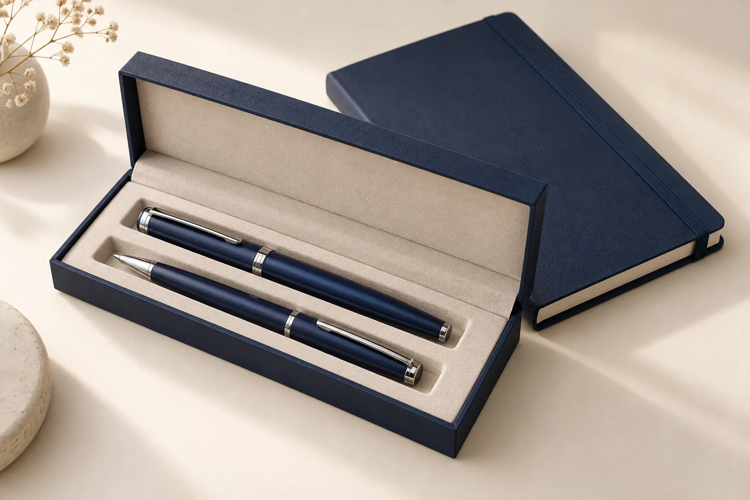Bolígrafos personalizados en una visualización conceptual: dos instrumentos azules con detalles plateados, estuche abierto y libreta.