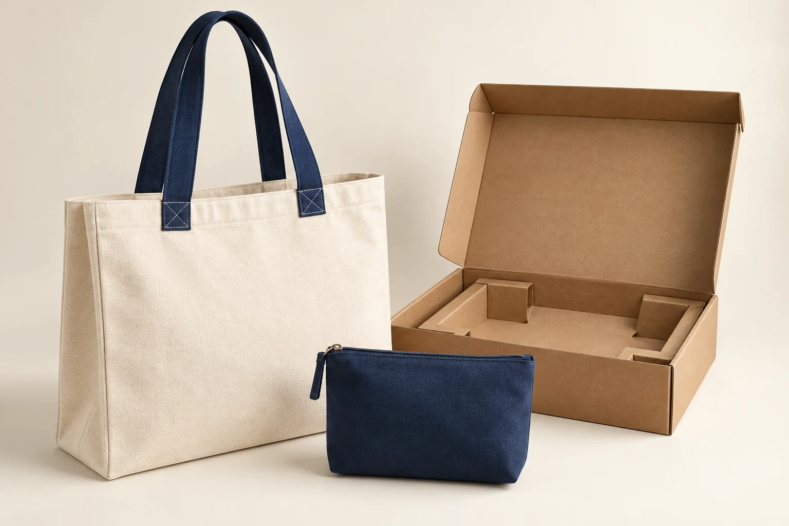 Bolsas de tela personalizadas y empaques, concepto visual con una tote clara, un estuche azul y una caja kraft abierta.