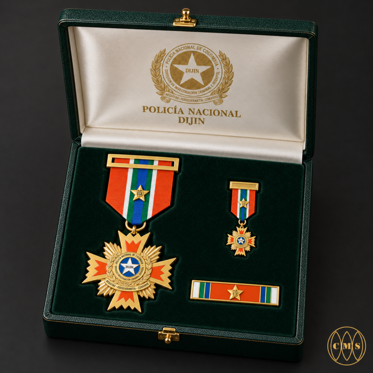 Miniaturas y barretas junto a una medalla en un conjunto conceptual DIJIN.