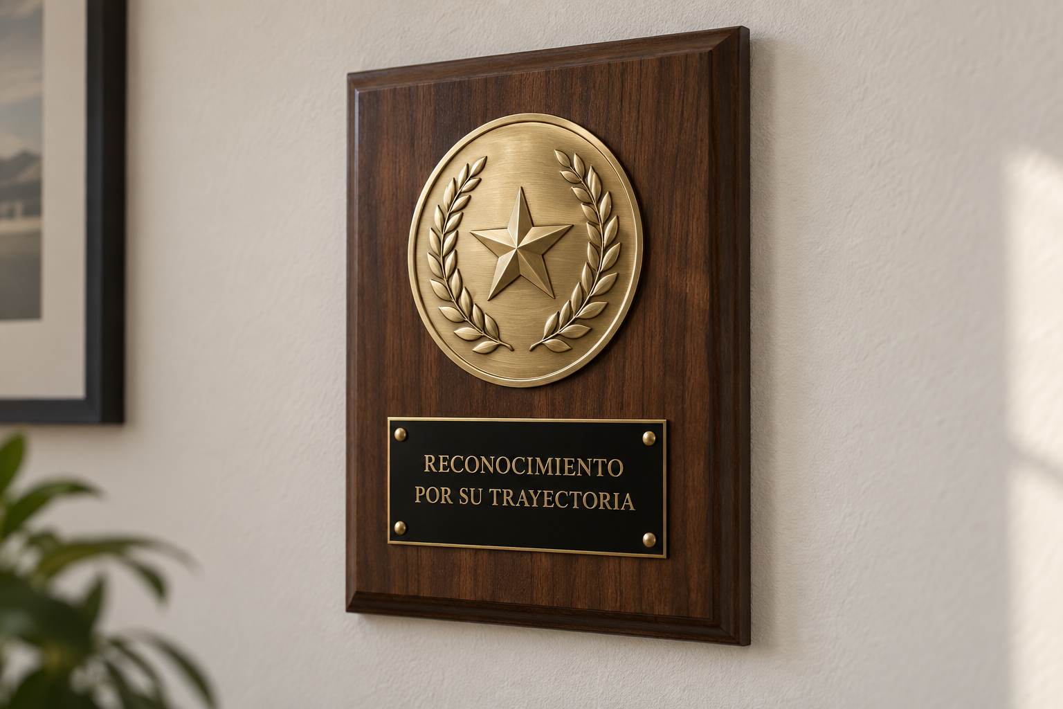 Concepto de placas de reconocimiento personalizadas: madera oscura, medallón dorado y placa de texto.