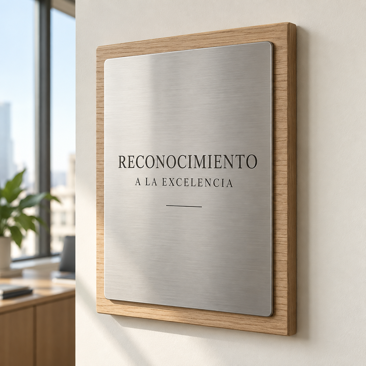 Concepto de placa metálica plateada con acabado cepillado y respaldo de madera clara sobre una pared marfil.