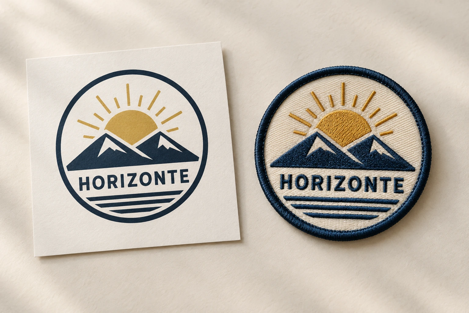 Visual ilustrativo de un logo HORIZONTE impreso junto a su interpretación como parche bordado.