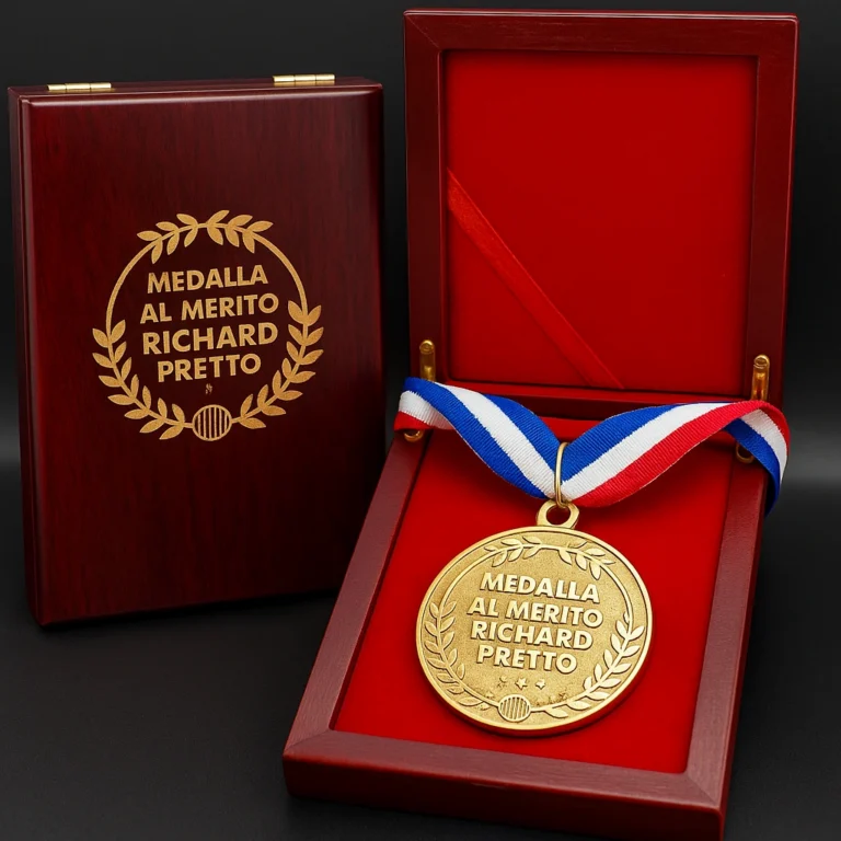 Medalla al mérito Richard Pretto con cinta tricolor, presentada en estuche rojo.