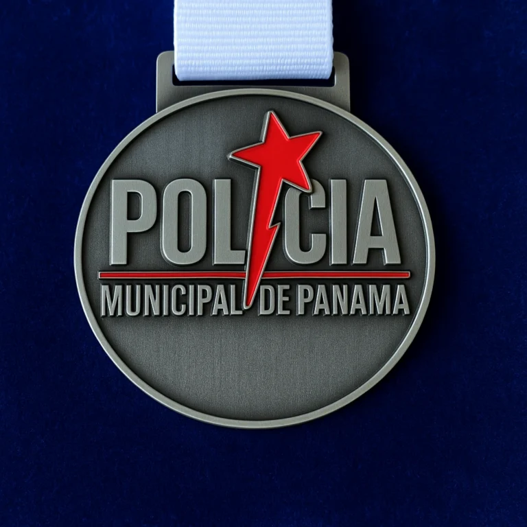 Medallas de pecho: medalla de la Policía Municipal de Panamá con estrella roja y cinta celeste.