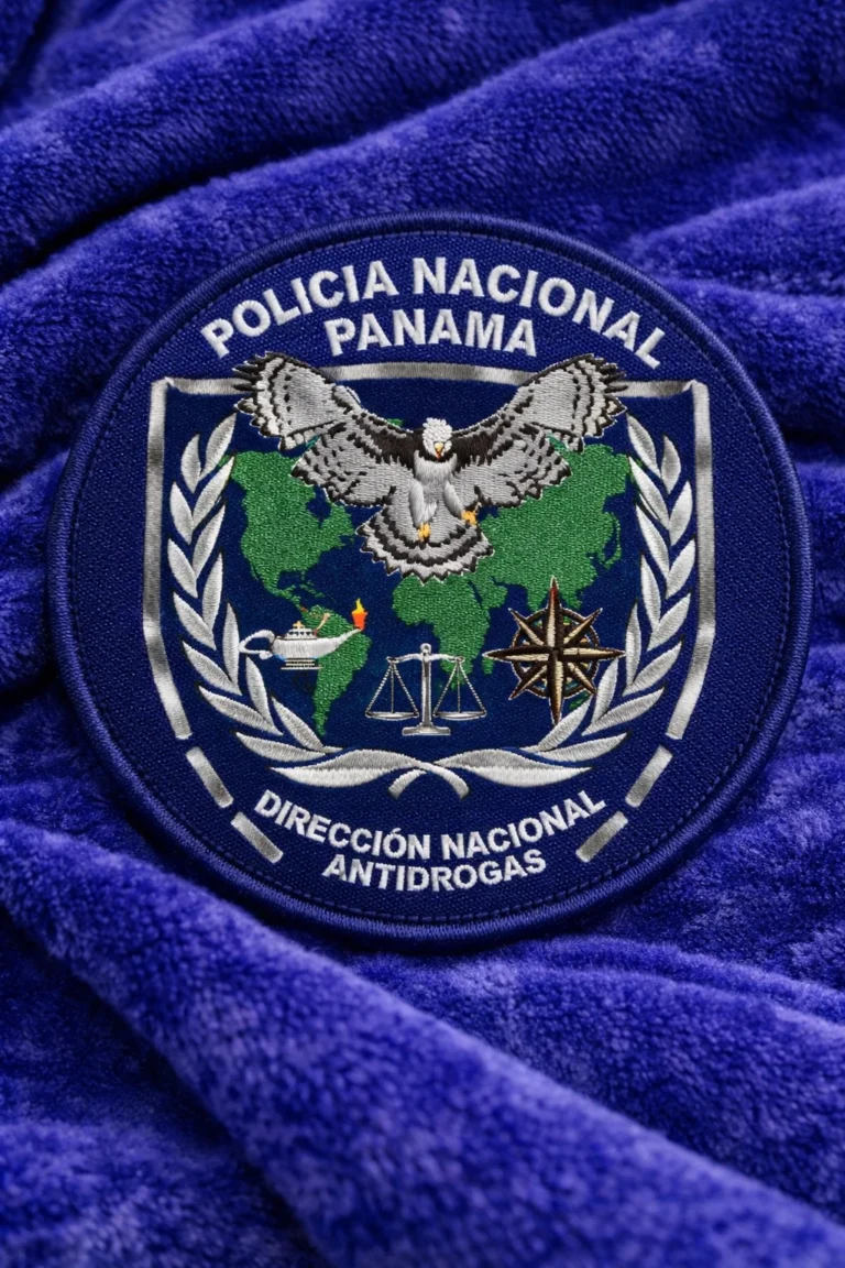 Parche ovalado de la Policía Nacional de Panamá con águila y mapa, mostrado sobre tela azul.