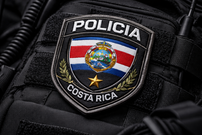 Parche con escudo, bandera de Costa Rica y texto Policía, colocado sobre equipo negro.
