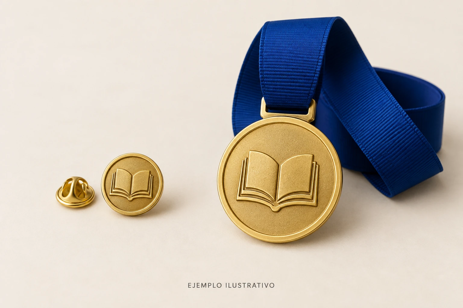 Concepto de un pin y una medalla de graduación dorados, con motivo de libro y cinta azul.